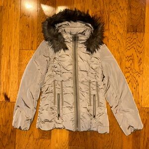 Nine West Taupe Puffer Jacket with Faux Fur Hood